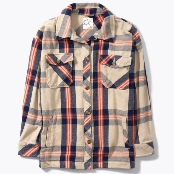 AERIE OFFLINE Flannel Button Down Jacket Shacket In Soft Oat Navy Orange Size XS - Picture 3 of 16